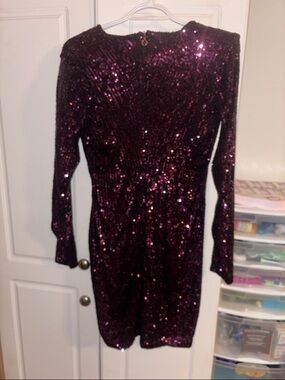 Women’s Sequin Long Sleeve Party Dress in Deep Plum